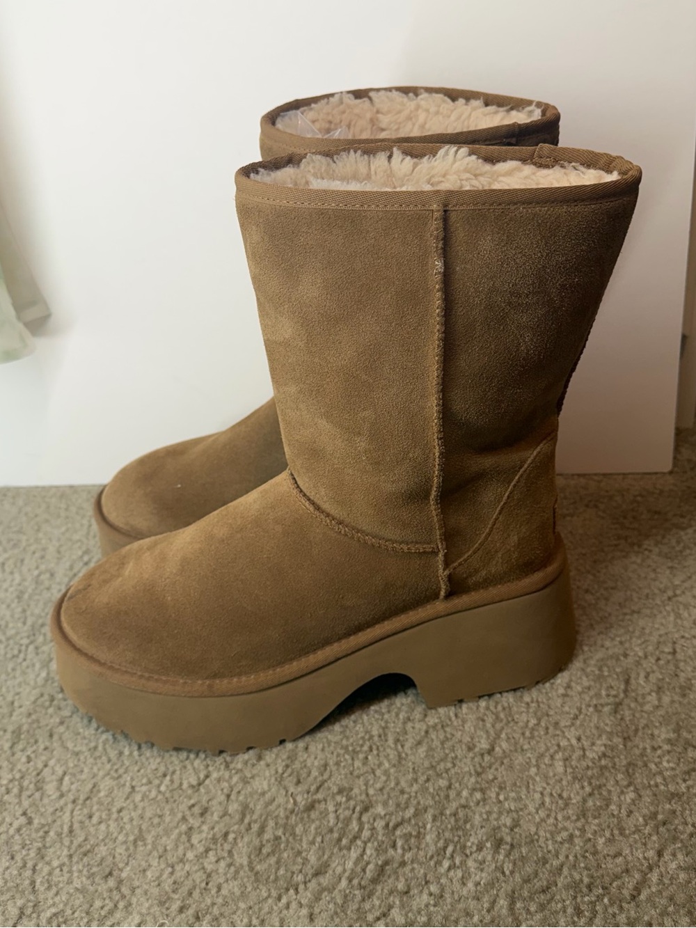 UGG Platform Shearling-Lined Suede Heeled Boots in Chestnut